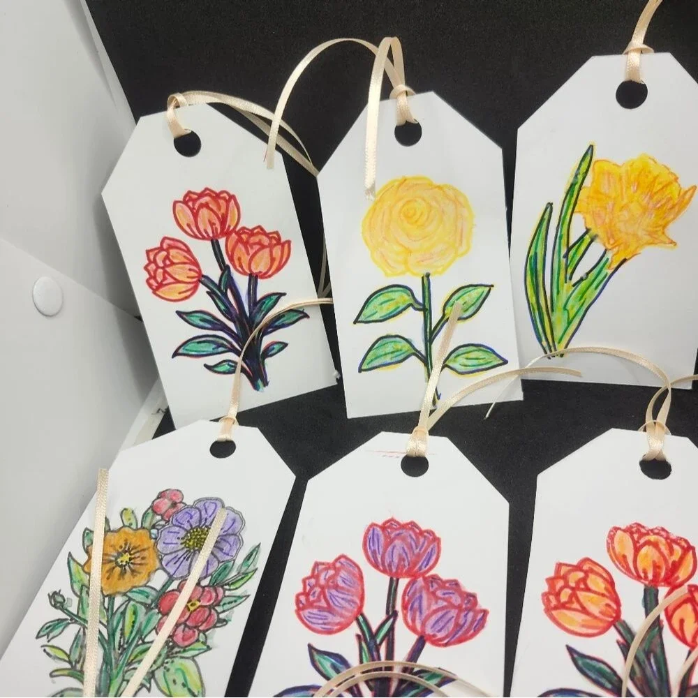 Hand Crafted Floral Colorful Gift Tags Thank You Cards Set of 12